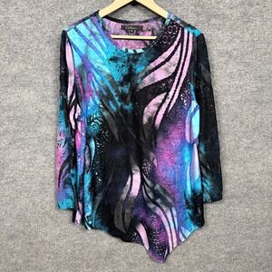 Caleooa Size XL Tunic Top Black Blue Purple Asymmetrical Artsy Long Sleeves